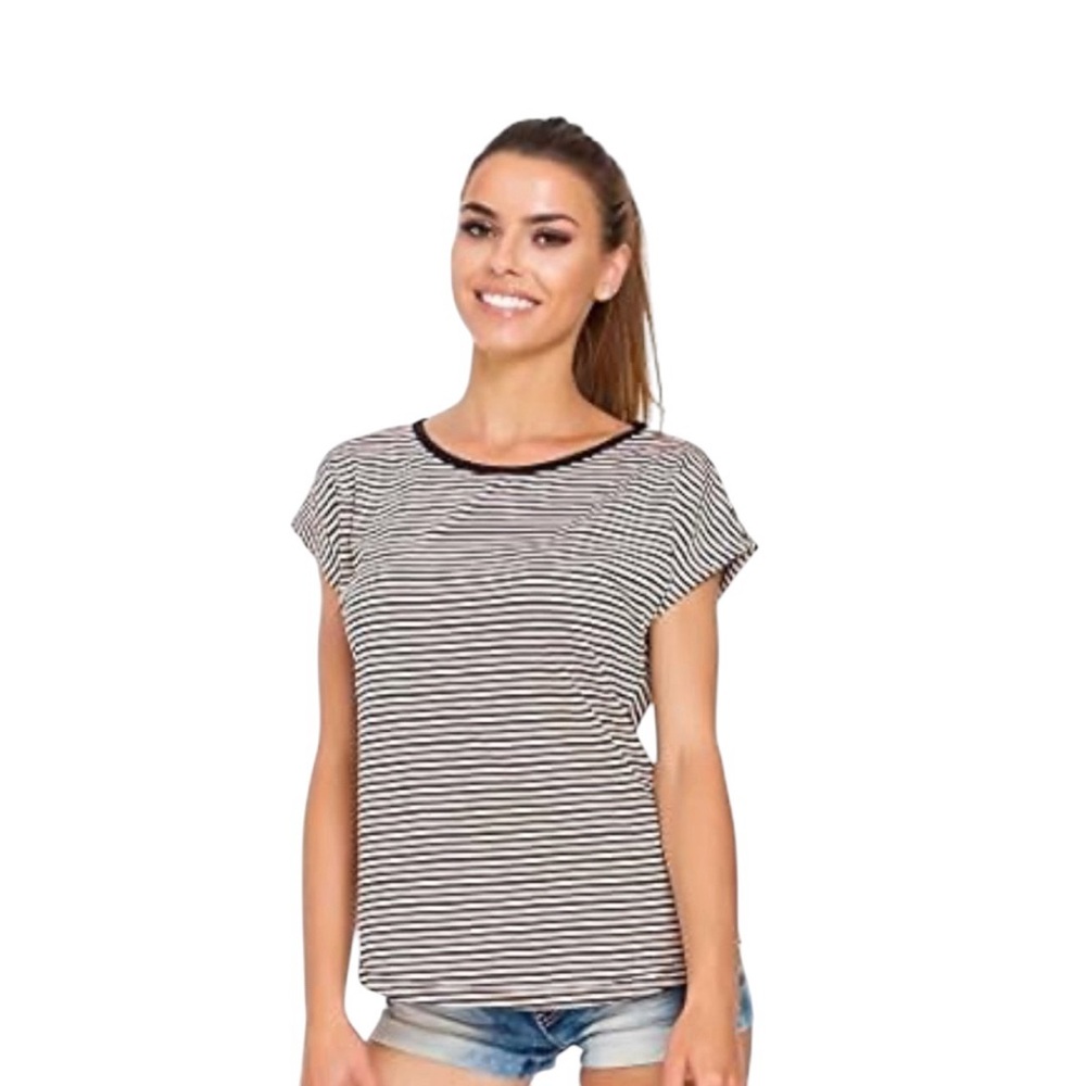 Talbots Linen Blend Black and White Striped Short Sleeve Tee